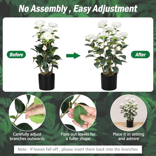 Romantic Season 2FT White Artificial Camellia Tree 2Pack, Faux Camellia Plant Fake Potted Camellia Flower Tree Plastic Camellia Tree for Modern Home Office Living Room Floor Décor - Image 6