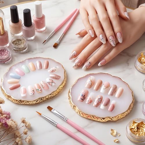 2 Pcs Resin Nail Art Palette, White Gold Edge Mixing Tray - Image 4