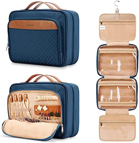 Travel Hanging Toiletry Bag for Women, Extra Large Makeup Bag, Holds Full-Size Shampoo, with Jewelry Organizer Compartment, Waterproof Cosmetic Bag, Toiletries Kit Set with Trolley Belt, Navy Blue by COOSKY