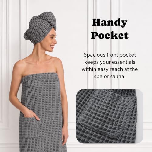 Luxury Organic Japanese Cotton Waffle Body Towel Wrap for Women | Sauna, Spa, Onsen, Shower Towel with Adjustable Snap Closure and Pocket | Ultra Plush 450 GSM (Smoke Grey, S/M) - Image 4