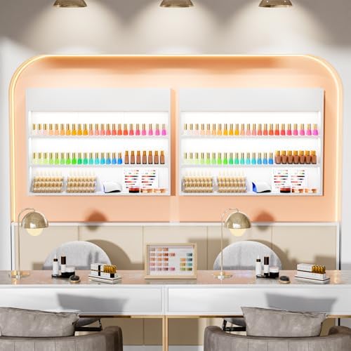 OmySalon Wall Mounted Display Rack, 47.6-Inch 3-Tier LED Nail Polish Organizer Shelf with USB Touch Control, for Nail Salon, Spa, Beauty Studio Storage, Wooden Retail Display (White) - Image 2