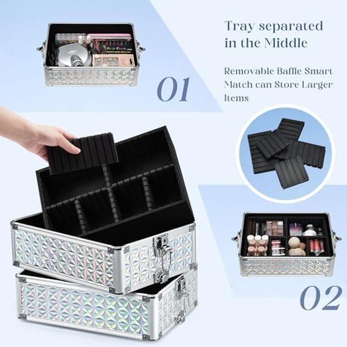 Stagiant Rolling Makeup Case Cosmetology Case on Wheels 4 in 1 Large Cosmetic Organizer Train Case Makeup Travel Case with Key Nail Artist Salon Storage Traveling Cart Big Trunk Shiny Silver - Image 4