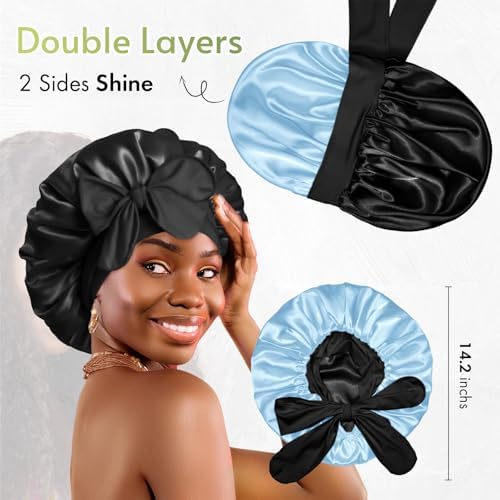 BONNET QUEEN Silk Bonnet for Sleeping Satin Bonnet with Tie Hair Wrap Double Layer Sleep Cap for Women Curly Hair, Black Blue - Image 3
