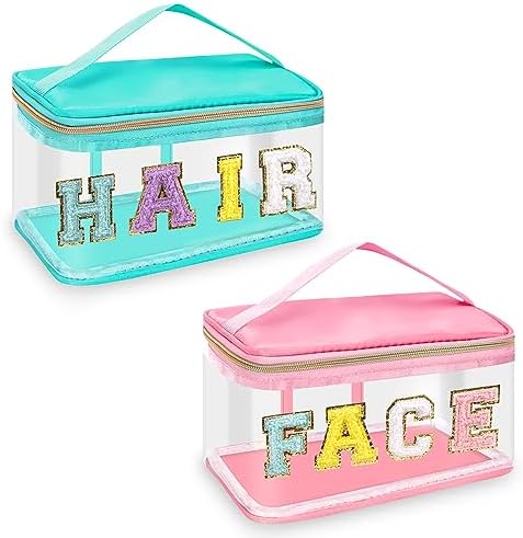 2 Pcs Chenille Letter Clear Makeup Bags FaceHair Pouch, Preppy Patch Travel Face Bag Zipper with Handle, Travel Hair Bags for Hair Stuff Waterproof Cosmetic Toiletry Storage for Women Girl(HAIR+FACE) by izuzta