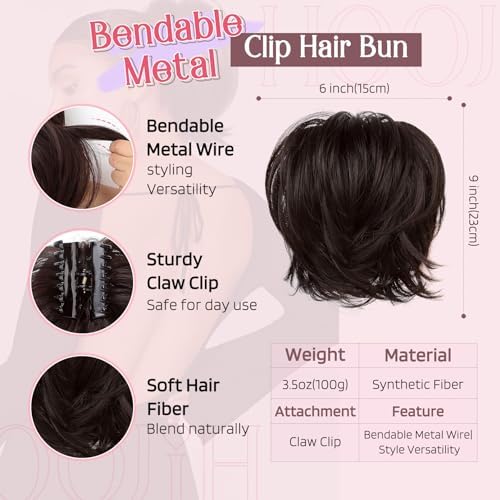 HOOJIH Ponytail Extension, Claw Clip in Straight Hair Bun Messy Bun 9 Inch Short Ponytail Extension with Bendable Metal Wire Hair Pieces for Women Fake Hair Bun DIY Styles - Dark Brown - Image 2
