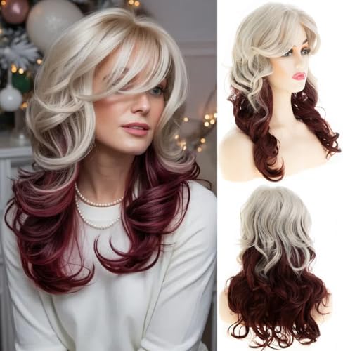 Long Curly Wavy Blonde to Burgundy Wig for Women with Bangs Natural Looking Synthetic Heat Resistant for Daily Party Costume Halloween by Beweig
