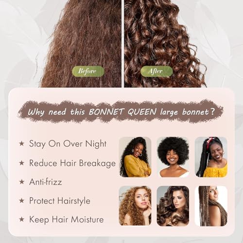 BONNET QUEEN XL Large Silk Like Bonnet for Sleeping for Curly Hair,Satin Bonnet with Adjustable Tie Band, Brown - Image 5