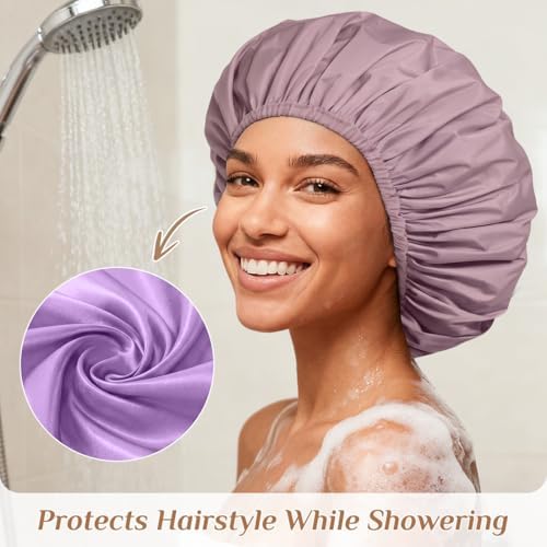 Extra Large Waterproof Shower Cap for Women, Double Layer Satin Lined Hair Bonnet for Curly Hair, Reusable Bath Cap with Elastic Edge for Long Thick Hair (Purple) - Image 3