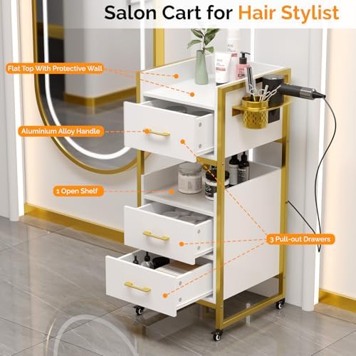 OmySalon Salon Trolley Cart, Hair Styling Station with 3 Drawers, 2 Open Shelf & Tool Holders, Mobile Barber Storage Cabinet Utility Trolley for Beauty Salon Spa,White - Image 3