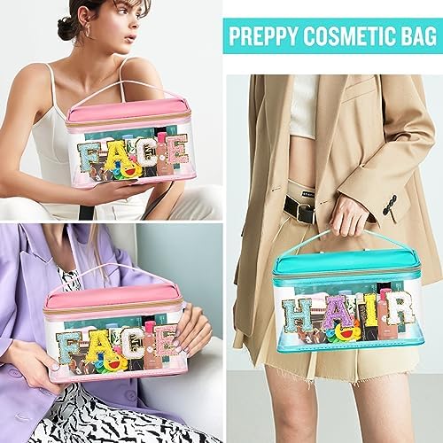 2 Pcs Chenille Letter Clear Makeup Bags FaceHair Pouch, Preppy Patch Travel Face Bag Zipper with Handle, Travel Hair Bags for Hair Stuff Waterproof Cosmetic Toiletry Storage for Women Girl(HAIR+FACE) - Image 5