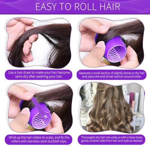 Hair Rollers, 12 Pack Self Grip Salon Hairdressing Curlers, DIY Curly Hairstyle, Large Rollers 1.57In Deep Purple - Image 5