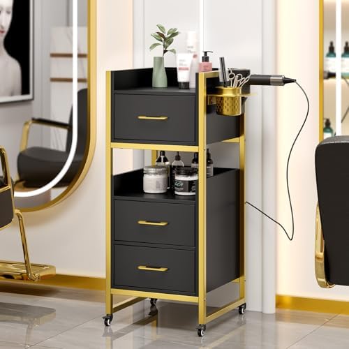 OmySalon Salon Trolley Cart, Hair Styling Station with 3 Drawers, 2 Open Shelf & Tool Holders, Mobile Barber Storage Cabinet Utility Trolley for Beauty Salon Spa,Black - Image 2