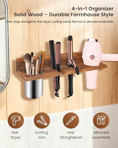 Hair Tool Organizer for Bathroom – Wall Mounted Hair Dryer Holder with Heat-Resistant Cups, Curling Iron & Straightener Rack, Blow Dryer Organizer for Vanity or Wall (Brown) - Image 5