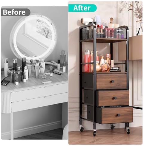 HapiRm Rolling Makeup Cart Organizer - Floor Skincare Make Up Storage with 3 Non-woven Fabric Drawers, Vanity Organizer Cosmetic Display Cases Holder for Skin Care Perfume Nail Polish Brush Hair Tool - Image 3