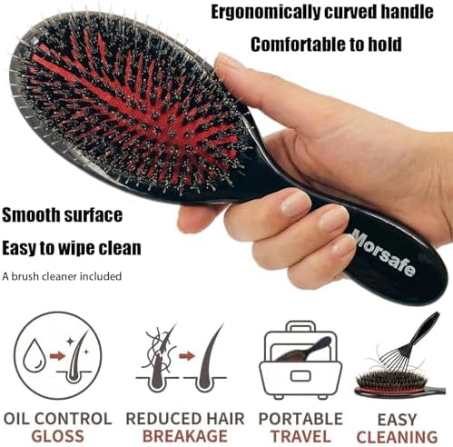 Boar Bristle Hair Brush for Women Men Painless Detangling Paddle Brush for Curly Fine Tangled Hair, Anti-frizz Boar Nylon Bristle Cushioned Brush, Includes Cleaning Tool - Image 6