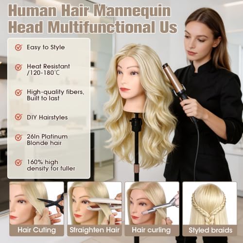 90% Human Hair Mannequin Head,26''Beige Blonde Real Hair Mannequin Head,Cosmetology Manikin Head Doll Hair Styling Hairdressing Practice Training Wig Head with Clamp Holder and Tools - Image 2
