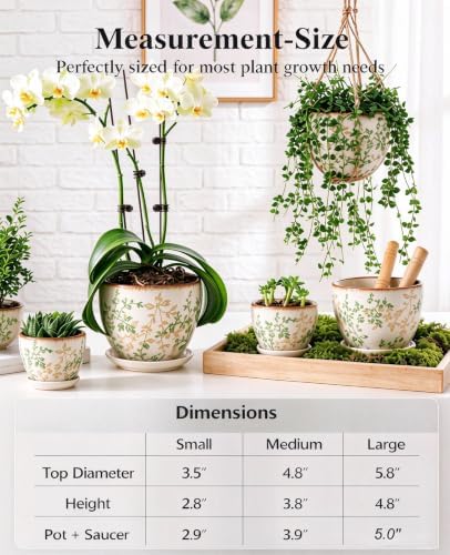 Retro Ceramic Garden Pots, 5.8 Inch Plant Pots with Drainage and Attached Saucer Set of 4, Chinoiserie Floral Large Flower Pots for Home Decor, Plant Lover Gifts, White Green - Image 6