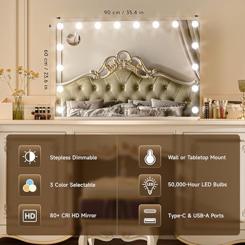 ouboyo 36''X23.9'' Hollywood Vanity Mirror with Lights, with Bluetooth Speaker, 3 Color Lighting Modes & Stepless Dimming, USB & Type-C Charging Port, 5X Magnification - Image 4