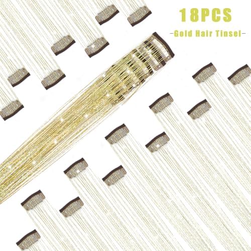 18 Pcs Hair Tinsel Clip in, 20.5 Inch Glitter Tinsel Hair Extensions, Shiny Sparkling Fairy Hair Tinsel Clips, Dazzling Party Hair Accessories for Girls Women Kids (Gold) - Image 2