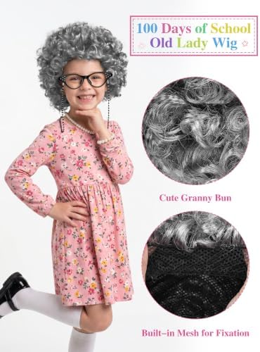 URATOT 5 Pieces Halloween Old Lady Wig Costume Set Grandma Wig Hair Rollers Glasses Chain Necklace Bracelet - Image 5