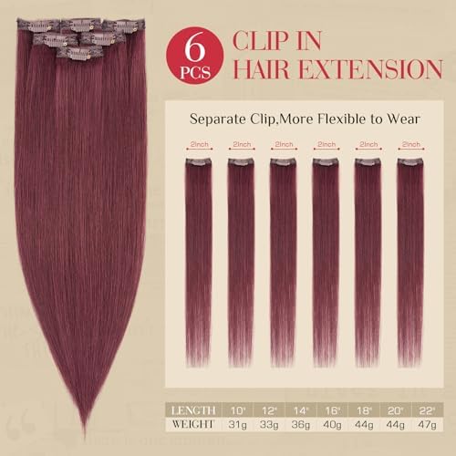 Rich Choices Real Human Hair Clip In Extensions-6 Pcs Single Clip Design-100% Remy Hairs Invisible Clip in Extensions for Thin Hair-Seamless Hairpieces for Women-18 Inches #99J Burgundy Red Halloween - Image 2