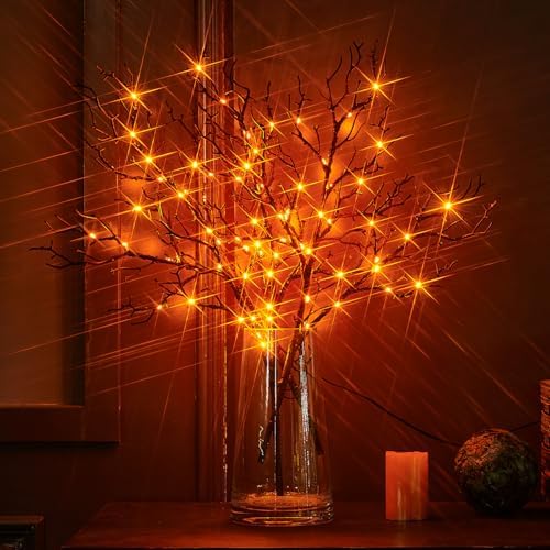 Halloween Branch Lights with Timer Battery Operated 75 LED Orange Fairy Lights, Lighted Black Willow Branches 21IN for Home Decor - Image 3