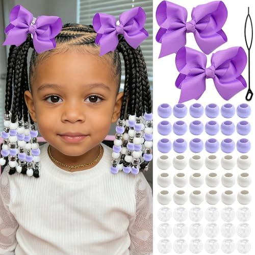 NAISKA 62PCS Purple Beads for Hair Braids 4.7inch Hair Bows Clips Round Dreadlock Beads Braids Clips with Bow 2 Styles Loc Accessories for Kids Girls by NAISKA