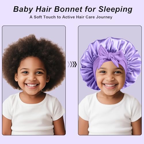 3Pcs Kids Silk Satin Bonnet for Sleeping - Baby Hair Sleep Bonnet,Kids Bonnets for Girls Toddler Child with Wide Elastic Tie Band,Night Cap Hats for Curly Natural Hair(Purple+Blue+Gold) - Image 5