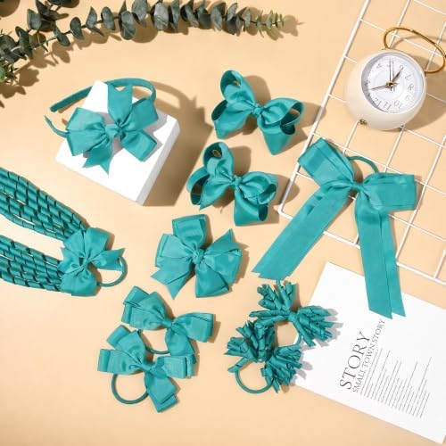 DEEKA Teal School Hair Accessories Set 13 Pcs Uniform Bow Headband Clips Hair Ties Curly Korker Bows for Little Toddler School Girls (Teal) - Image 5