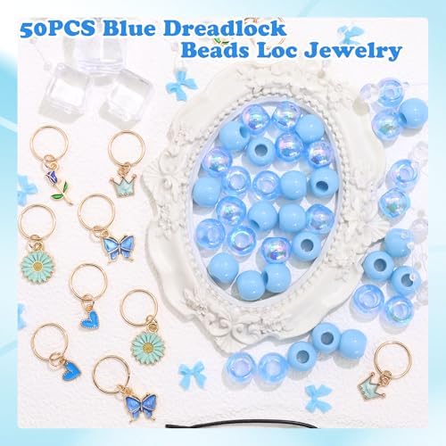 NAISKA 50PCS Blue Beads for Hair Flower Loc Jewelry 5 Styles Hair Charms Heart Butterfly Dreadlock Jewelry Braids Clips Lovely Loc Accessories for Kids Girls - Image 5