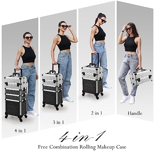 Stagiant Rolling Makeup Train Case Cosmetology Case on Wheels 4 in 1 Large Cosmetic Case with Wheels Makeup Travel Case with Keys Nail Kits Organizer Artist Salon Storage Traveling Cart Trunk Tricolor - Image 2