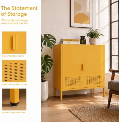 Yellow 2 Door Metal Storage Cabinet, Ventilated Accent Locker with 2 Adjustable Shelves, Freestanding 3 Tier Storage Sideboard Cabinet for Living Room Kitchen Bedroom Entryway Office - Image 4