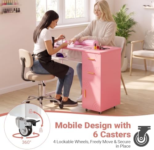 Manicure Table Nail Desk with Dust Collector & Wheels (Pink) - Image 7