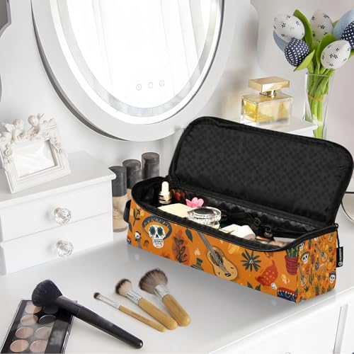Hair Tools Travel Bag with Heat Resistant Mat Detachable 2-in-1 Curling Iron Travel Case Hot Tools Organizer for Straightener Flat Iron Day Of The Dead Orange Skull Cacti Guitar - Image 7