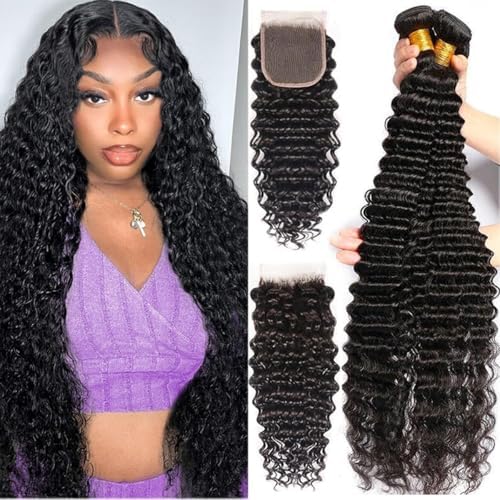 Human Hair Bundles with Closure (24 26 28+20 Closure) Deep Wave Bundles with Closure 100% Unprocessed Brazilian Virgin Curly Closure with Bundles Human Hair Weave with 4x4 Lace Closure Natural Color by Cenglou