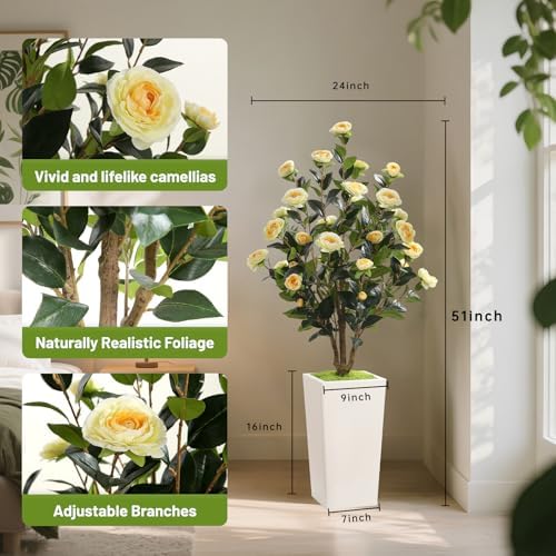 Romantic Season 4FT Artificial Camellia Tree with White Tall Planter, Yellow Faux Camellia Plant Flower Tree for Modern Home Office Living Room Floor Décor Outdoor Indoor，Yellow - Image 3