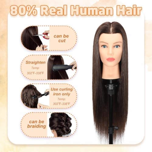 Mannequin Head Human Hair- Cosmetology Manikin Doll Head with 80% Real Hair for Kids Hairdresser Practice Styling Braiding & Free Clamp Holder (Black Brown) - Image 5