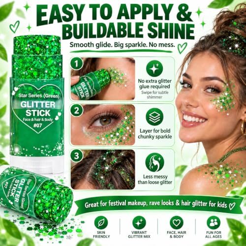 Green Hair Glitter Stick, Green Face Body Glitter Makeup, School Spirit Week Game Day Cheer Accessories, Chunky Sequins for Halloween, St Patrick's Day, Rave Festival Singer Concert, Mardi Gras - Image 3
