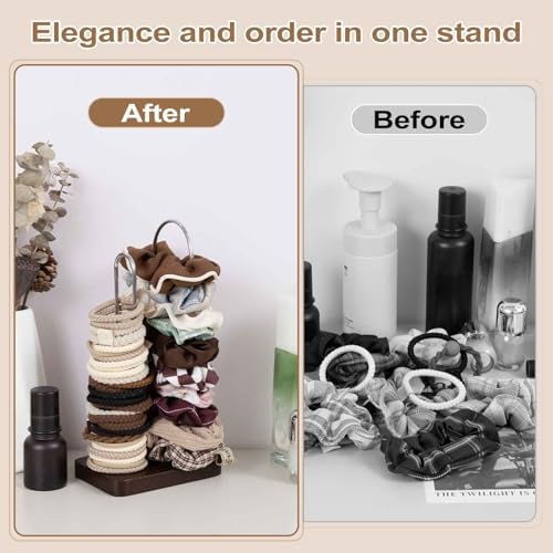 SCUNDA Scrunchine Holder Stand, 2 Tier Hair Tie Tower Hold 50~70 Scrunchies,Claw Clip Holder, Modern Fashion Hair Ties Organizer Storage for Girls, Women, Display(Walnut Color) - Image 3