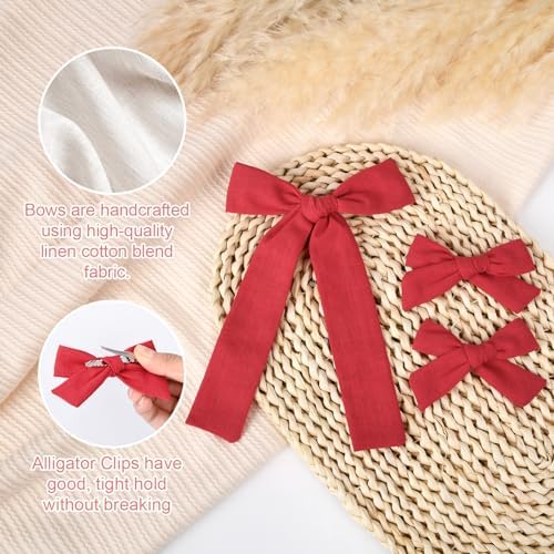 DEEKA Cotton Linen Hair Accessories Set: Red Hair Bows & Ponytail Knot Bows in 2 Sizes, Alligator Clips for Toddlers & Little School Girls - Image 2