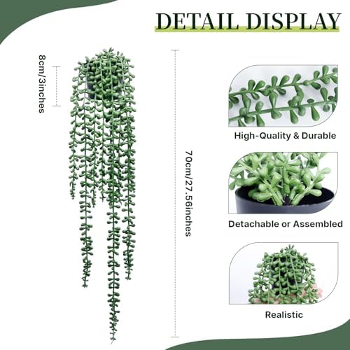 Artificial Hanging Plants for Shelf, 2-Pack Fake Potted Greenery Faux String of Pearls in Black Pot, Décor for Office Living Room Bathroom Indoor Outdoor - Image 3