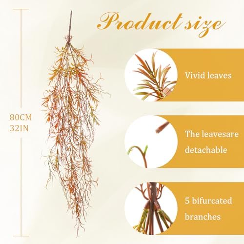 4Pcs Autumn Fake Hanging Fern Plants for Outdoors, UV Resistant Artificial Ferns Fall Vines Faux Trailing Plants for Indoor Wall Porch Home Thanksgiving Halloween Decor(4PCS Orange Ferns) - Image 3