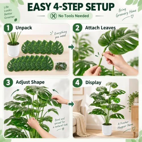Der Rose 28" Fake Plants, Artificial Monstera Plants Indoor in White Pot - Image 3