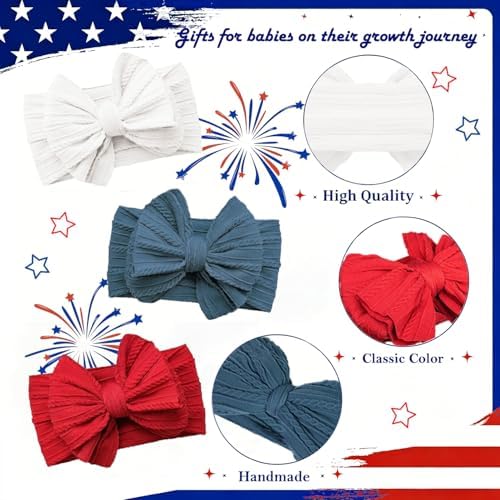 Baby Bows Headbands Red White Blue Soft Nylon Elastic Hairbands Handmade Hair Accessories for Newborn Infant Toddler Girls (3 red white blue, Large) - Image 2