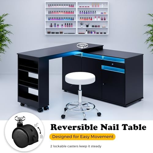 L-Shaped Manicure Table with Large Storage & LED Light (Black) - Image 6