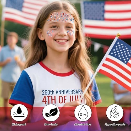 Red White Blue Hair Glitter Stick,4th of July Patriotic America Flag Star Face Body Glitter,Independence Day Fourth of July Outfits for Women,Waterproof Cheer Glitter Makeup - Image 5