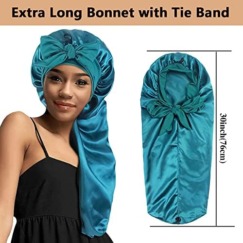 2pcs Long Satin Bonnets with Tie Band, Large Braid Bonnet Silky Hair Cap for Locs Women Sleeping, H - Image 2