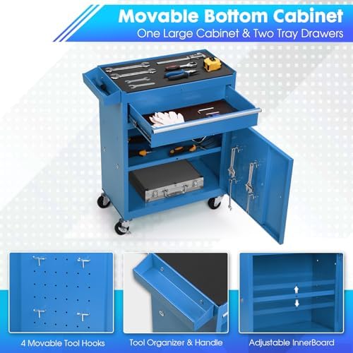 Dawmilon 5-Drawer Rolling Tool Chest with Wheels - Large Tool Storage Cabinet with Detachable Toolbox for Repair Room, Warehouse - Rolling Tool Box with Hooks, Liners, Blue - Image 5
