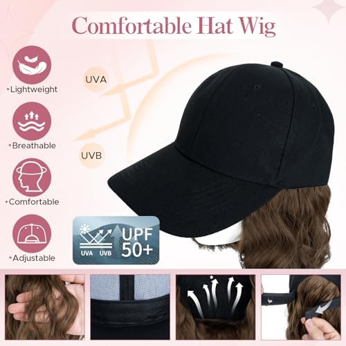 SEGO Hat with Hair Baseball Cap with Hair Extensions for Women Heat Resistant Synthetic 8" Adjustable Long Curly Hairpiece Replacement Wigs in Black Hat for Girls 10A Light Brown - Image 2