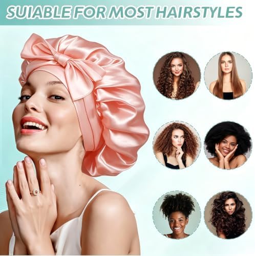 VECIIR Silk Bonnet for Sleeping Women，Hair Bonnet for Sleeping Silk Night Cap for Curly/Natural Hair Skin Snowbud Pink, Large - Image 6